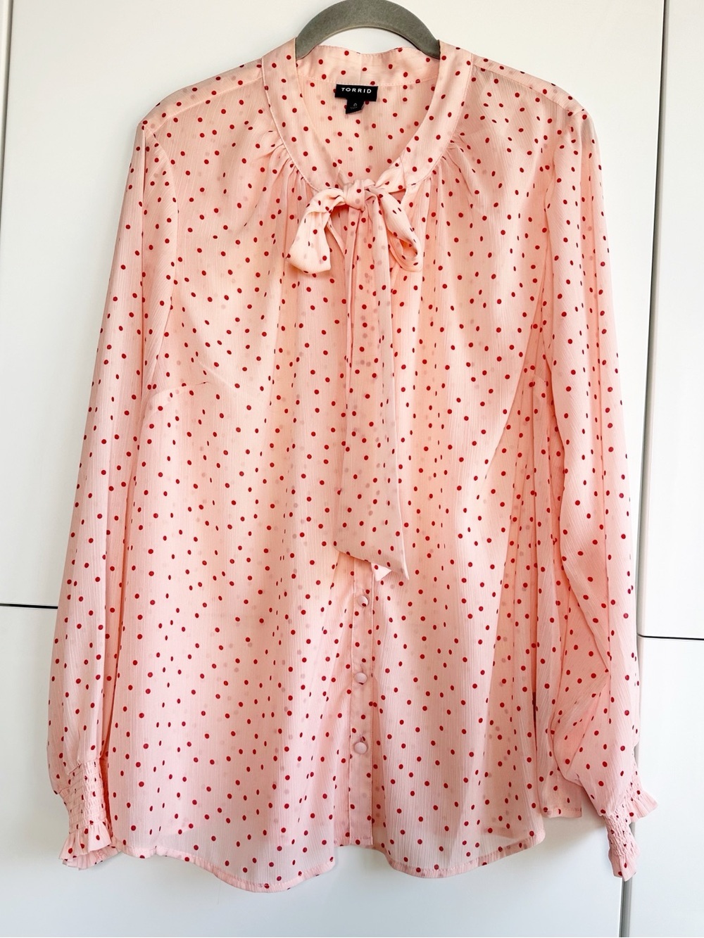 Torrid Tie Neck Blouse Pink With Red Polka Dots Size 0 (Large) Button Front